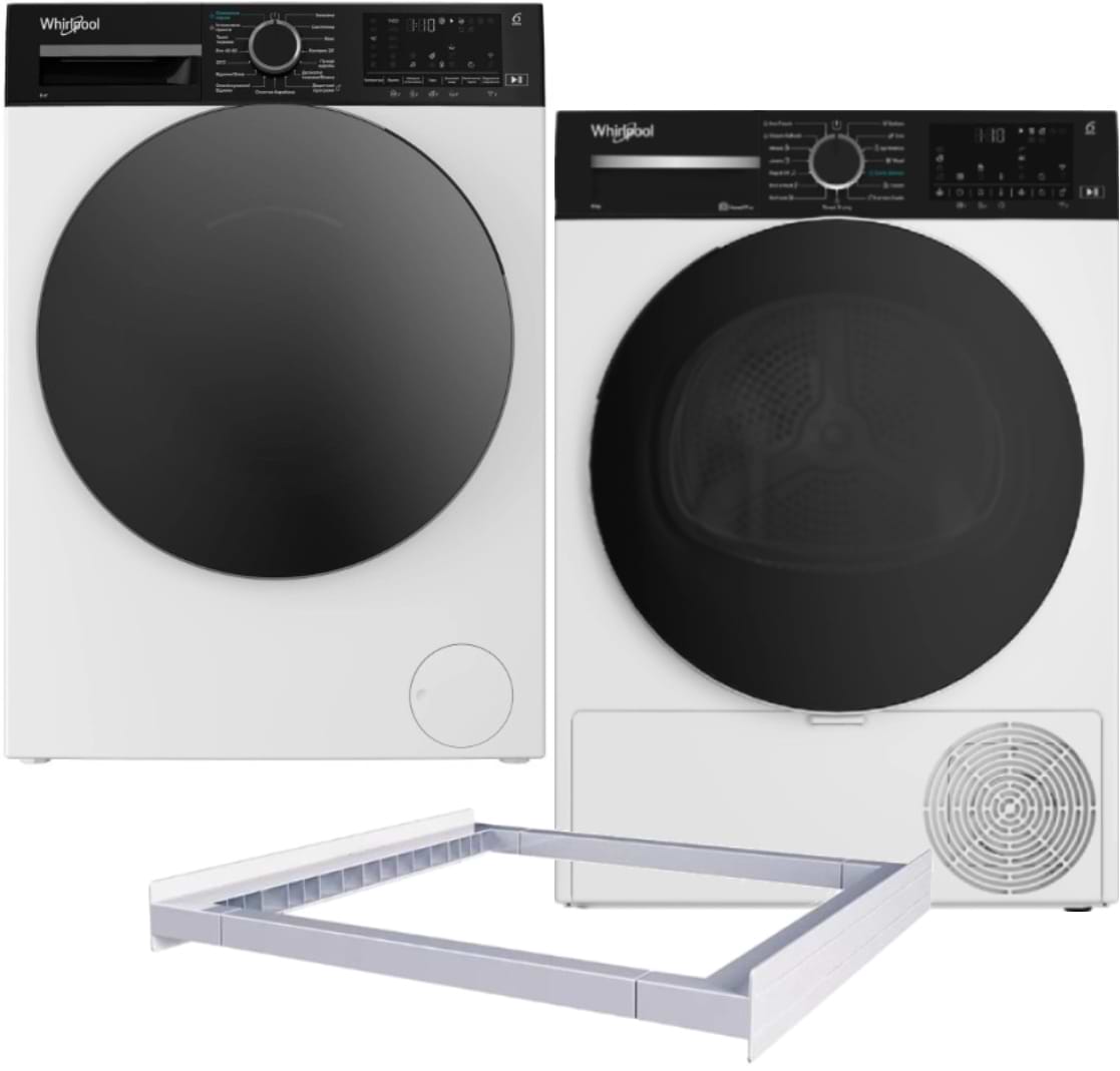 Комплект техніки Whirlpool Пральна машина з фронтальним завантаженням + Сушильна машина + Комплект кріплень для встановлення в колону Whirlpool WAM 87WBC UA + WP B9X WBS UA + Iniversal Basic Stacking Kit FG (KCL103)